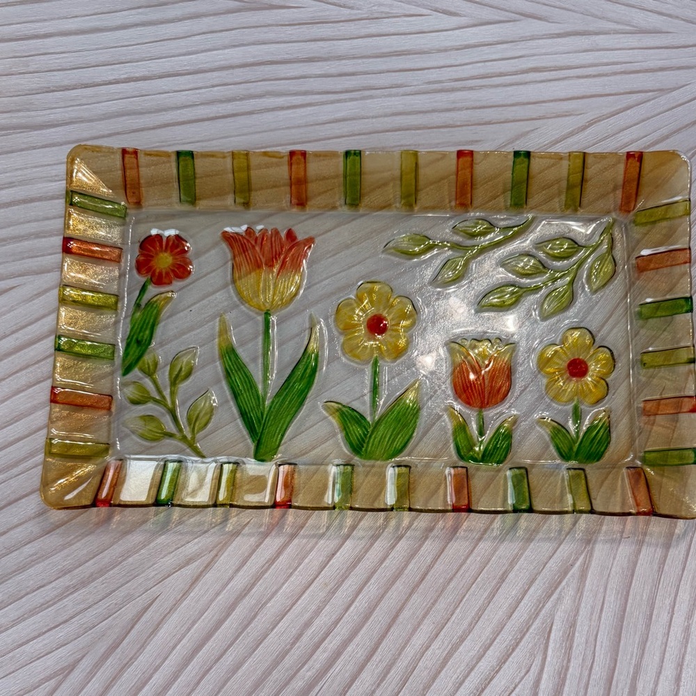 Vintage Hand Painted/Fused Glass Rectangular Serving Platter Tray Floral